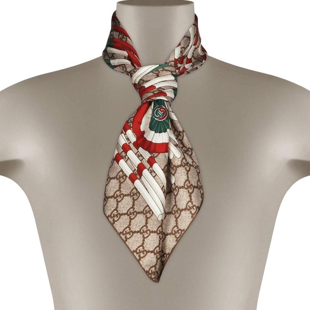 New Gucci Scarf GG Logo Club Beige Brown Silk Scarf Wrap with Gucci Gift Box - Picture 15 of 16